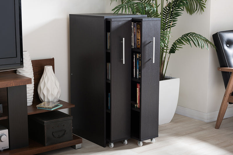 Lindo Bookcase Dark Brown Wood Shelving Cabinet with Two Pull-out Doors for Stylish Storage and Organization