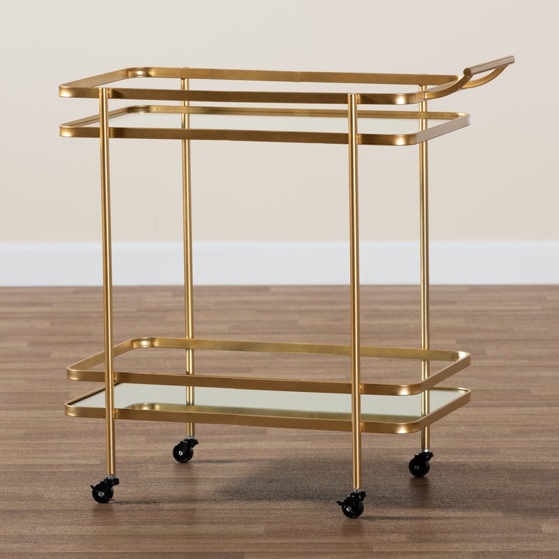 Destin Mobile Wine Bar Cart - Modern Glam Design with Brushed Gold Metal and Mirrored Glass, 2-Tier Storage