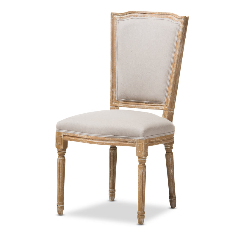 Cadencia Vintage Cottage Dining Side Chair in Weathered Oak with Beige Fabric Upholstery