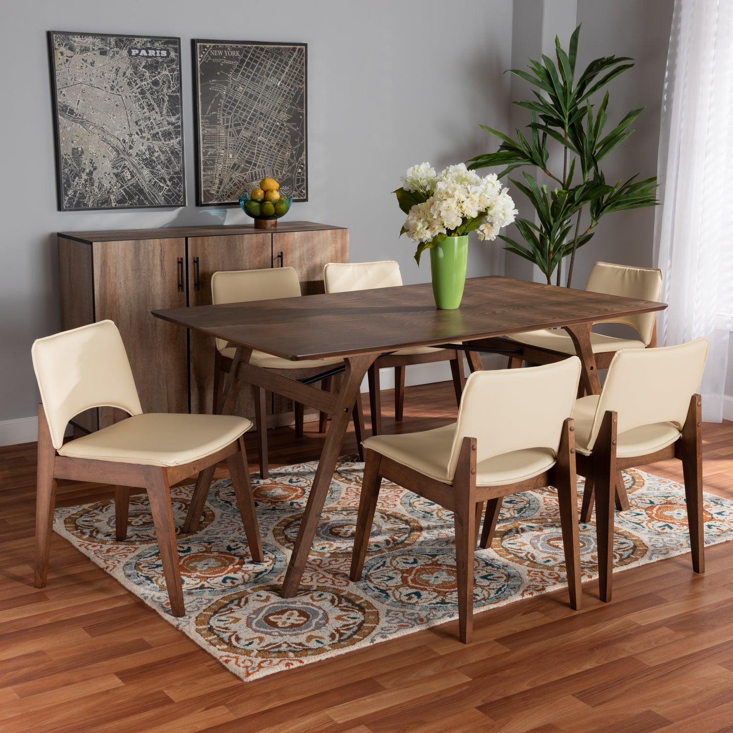 Afton Dining Set Mid-Century Modern Beige Faux Leather Upholstered Walnut Brown Finished Wood 7-Piece