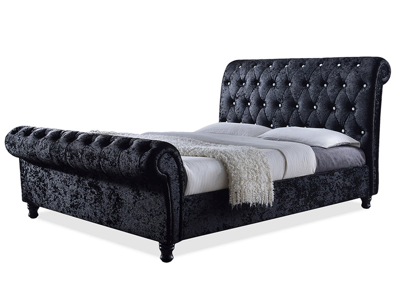 Castello Platform Bed - Black Velvet Upholstered with Faux Crystal Buttons