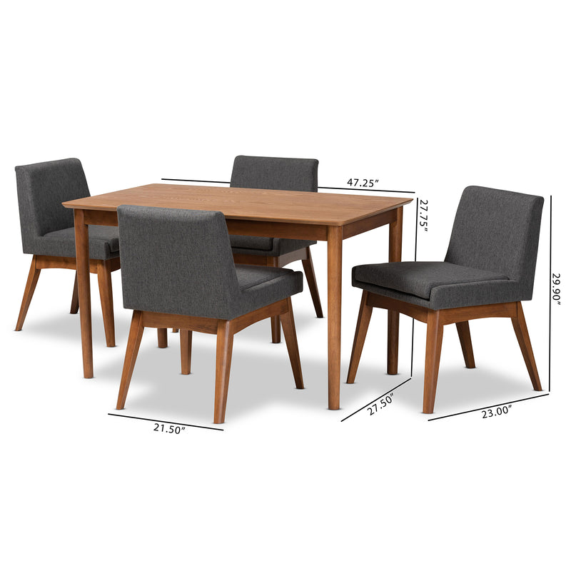 Nexus Dining Set Mid-Century Modern Dark Grey Fabric Upholstered Walnut Brown Finished Wood 5-Piece