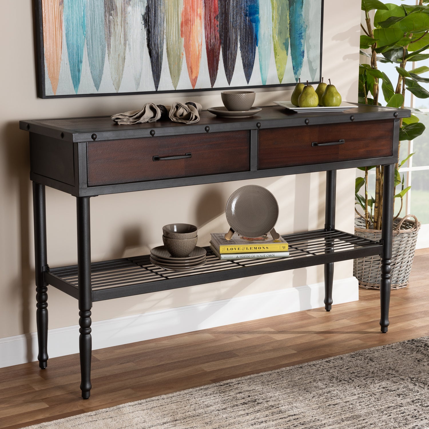 Jana Vintage Industrial Dining Room Server Walnut-Finished Wood with 2 Drawers for Stylish Storage and Organization