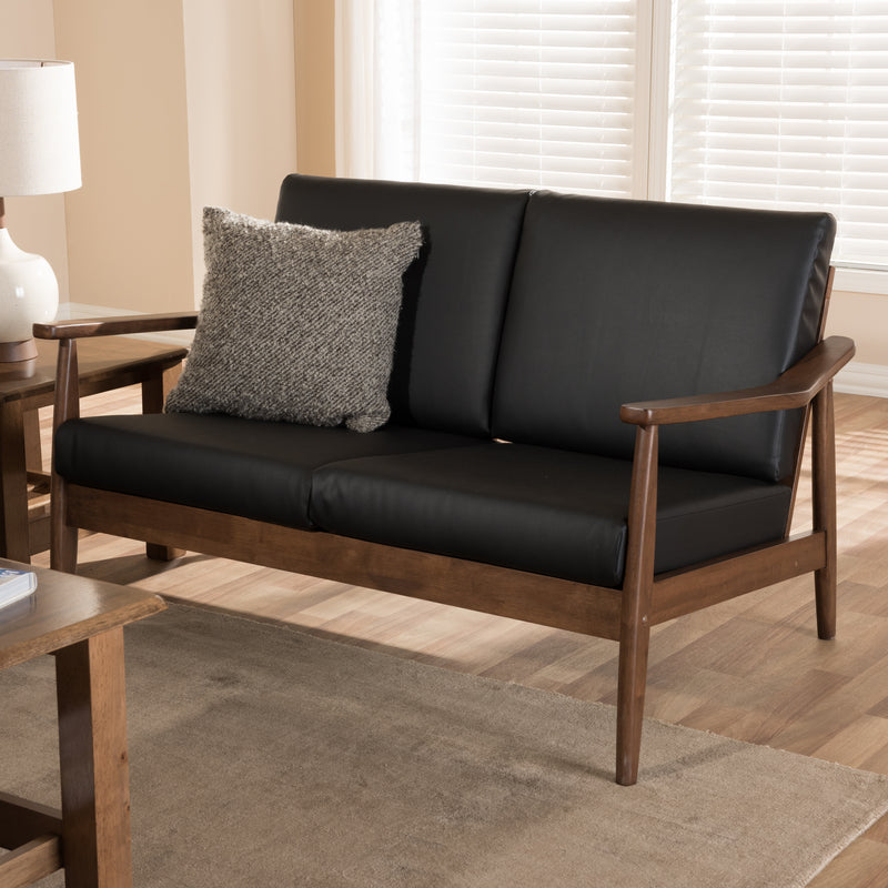 Venza Loveseat Mid-Century Modern Walnut Wood Black Faux Leather 2-Seater