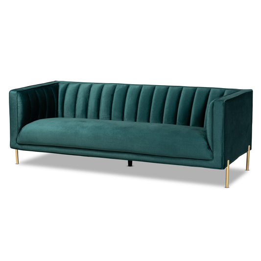 Maia Sofa Contemporary Glam Luxe Green Velvet Fabric Upholstered Gold Finished Metal