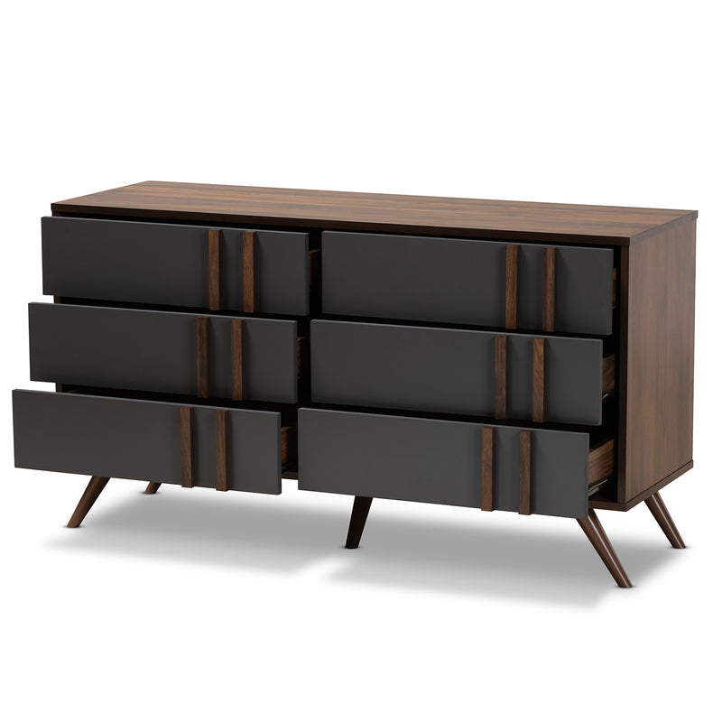 Naoki Bedroom Dresser Modern Two-Tone Grey and Walnut Finished Wood with 6 Drawers for Stylish Storage Solutions