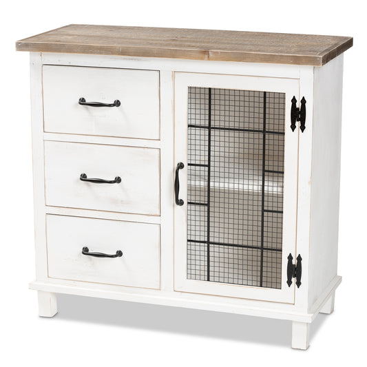 Faron Storage Cabinet Classic Farmhouse Style Two-Tone Distressed White and Oak Finish with 3 Drawers for Organized Storage