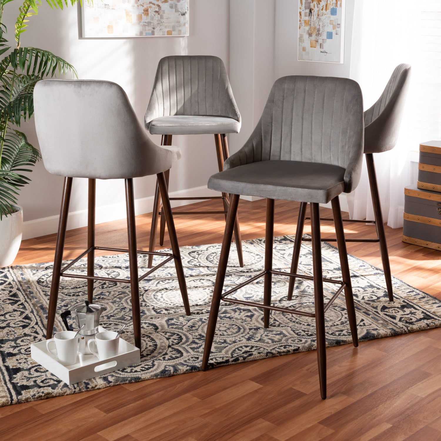 Walter Bar Stool Set Mid-Century Contemporary Grey Velvet Fabric Upholstered Walnut Finished 4-Piece