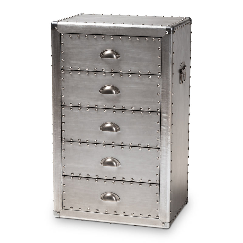 Davet Accent Storage Cabinet - French Industrial Silver Metal 5-Drawer Organizer for Home Decor and Space Saving