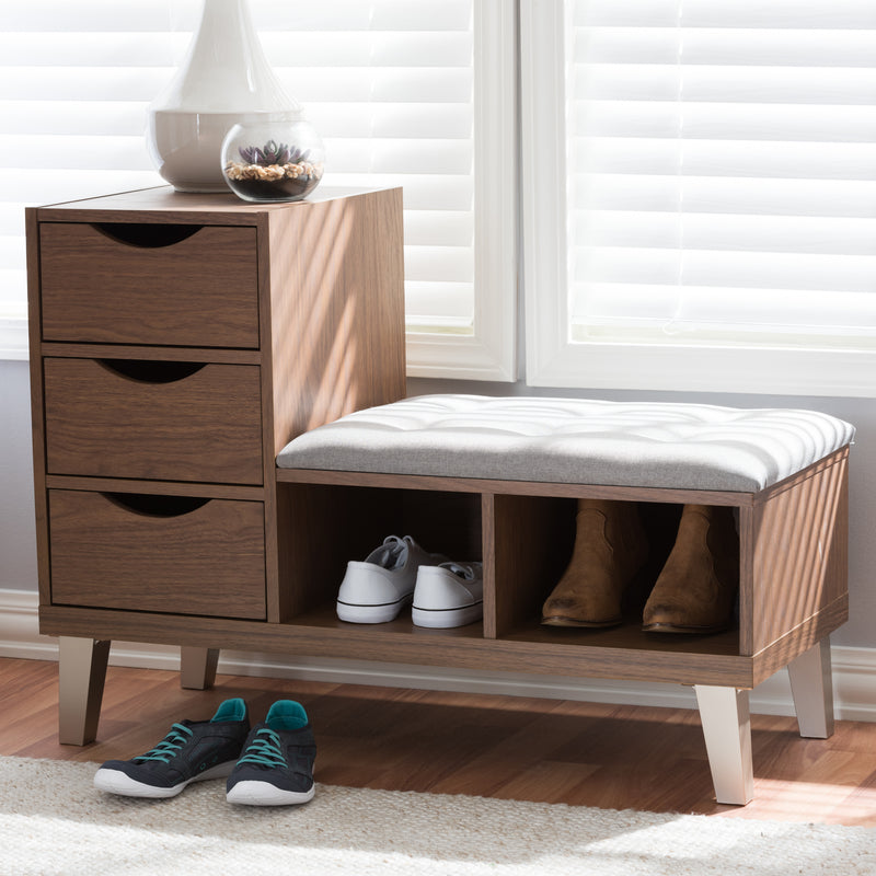 Arielle Shoe Storage Bench Modern and Contemporary Dark Brown Wood 3-drawer Padded Leatherette Seating with Two Open Shelves