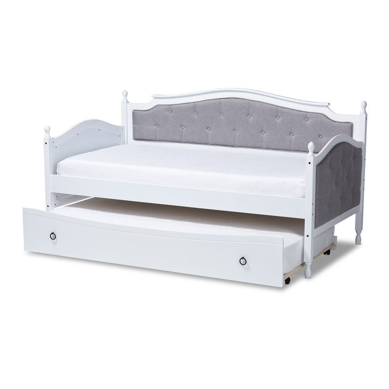 Marlie Twin Size Daybed with Trundle Classic Grey Fabric Upholstered Design on White Finished Wood Frame