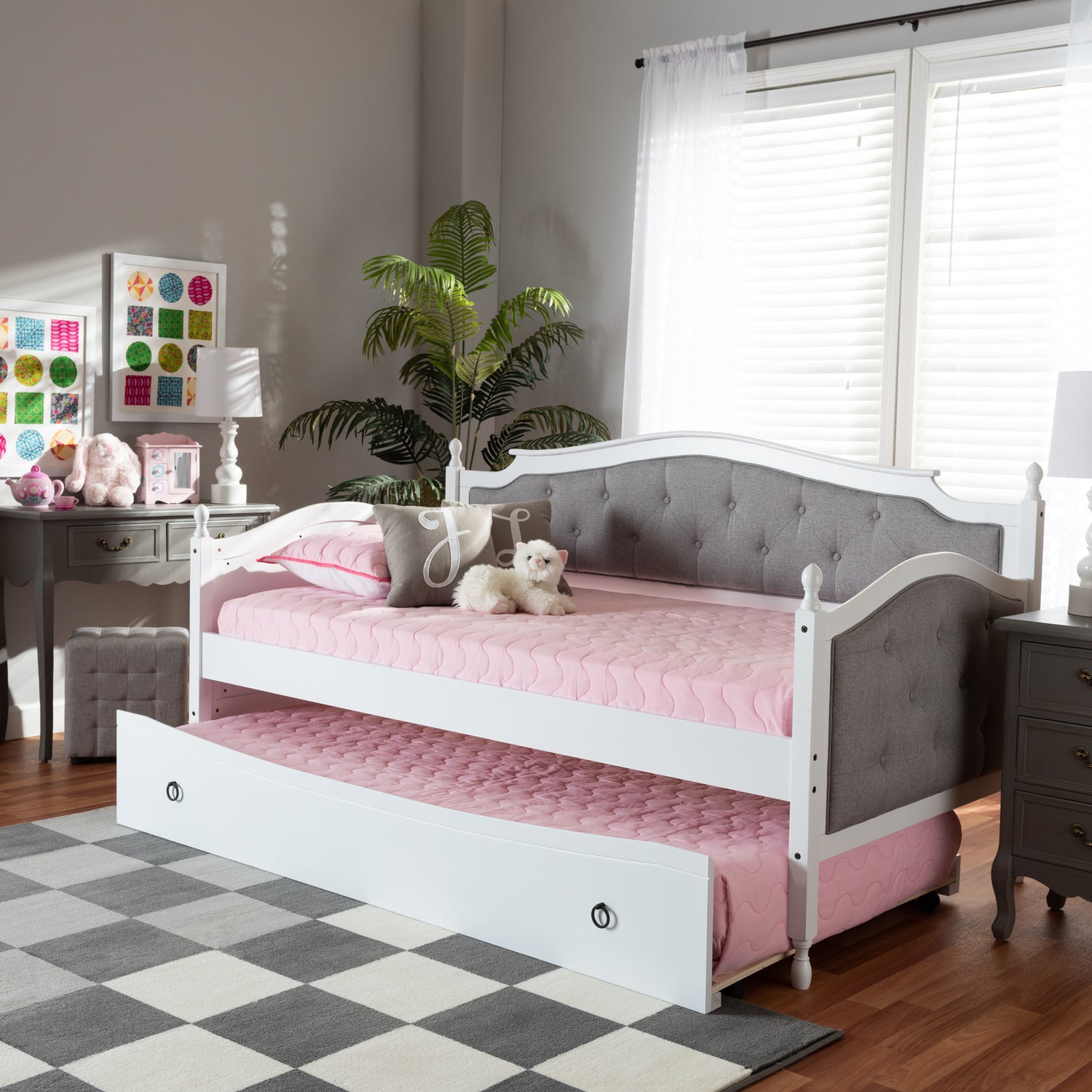 Marlie Twin Size Daybed with Trundle Classic Grey Fabric Upholstered Design on White Finished Wood Frame