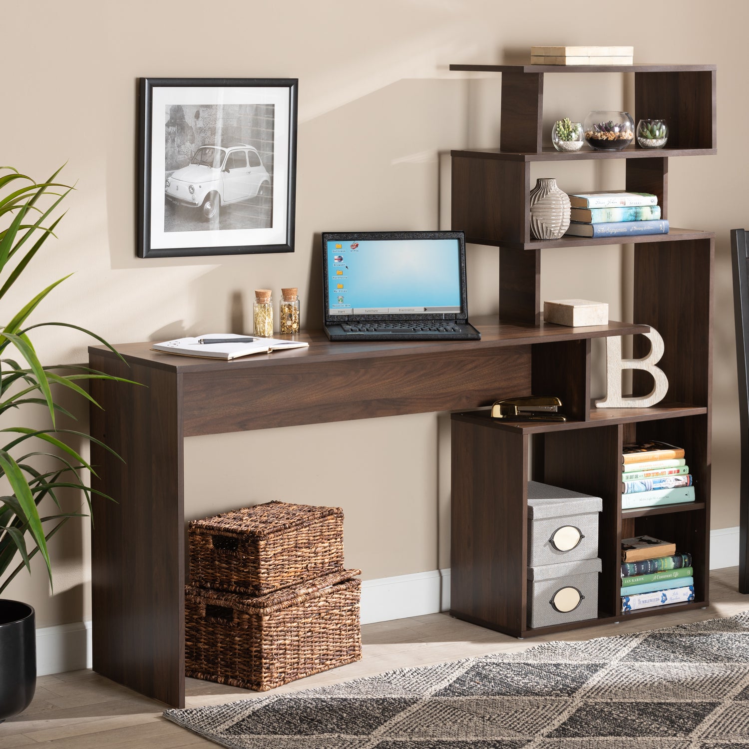 Foster Modern Walnut Brown Wood Storage Desk with Shelves for Contemporary Home Office Organization