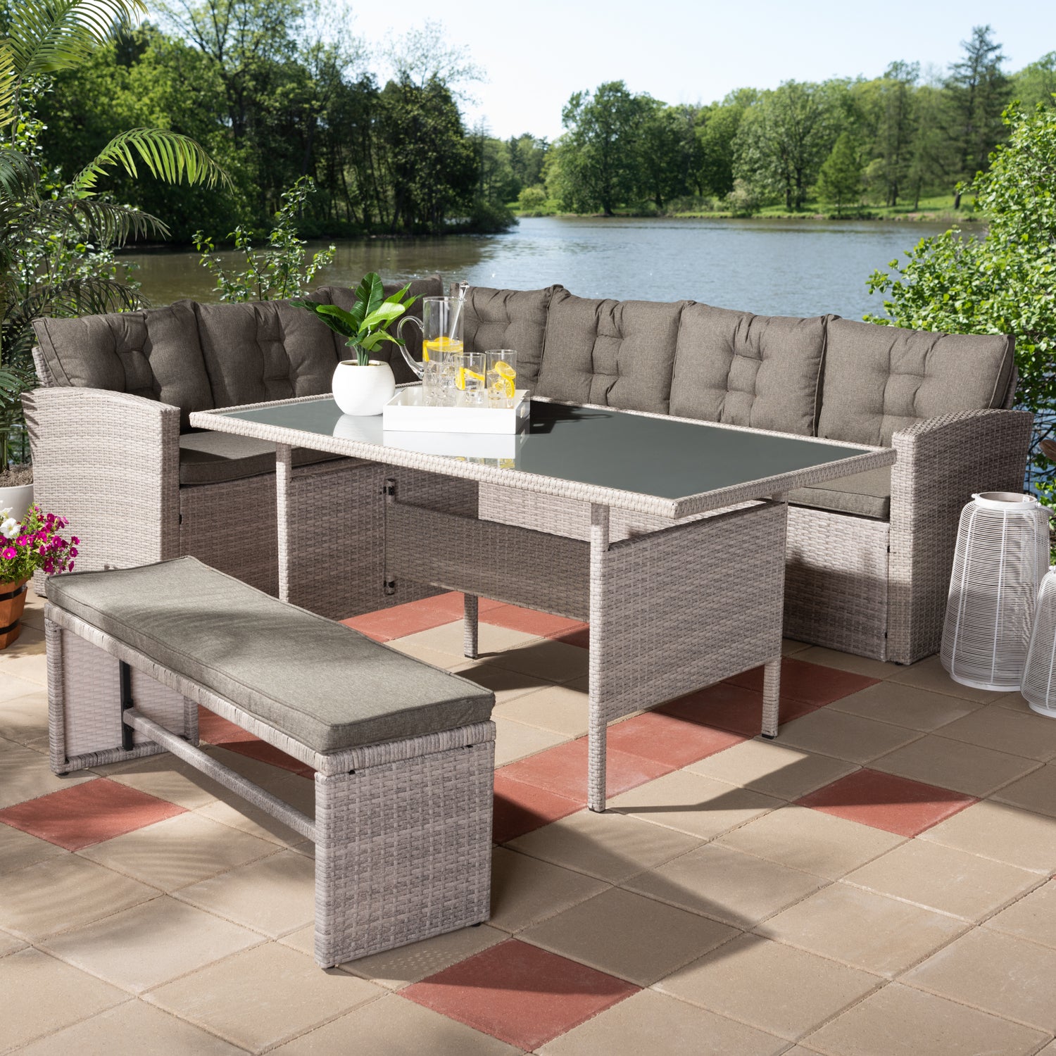 Eneas Sofa Set Modern and Contemporary Dark Grey Fabric Upholstered and Grey Rattan 3-Piece Outdoor Patio Lounge Corner