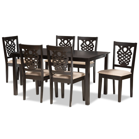 Gervais 7-Piece Dining Set Modern Sand Fabric Upholstered Chairs with Dark Brown Finished Wood Table