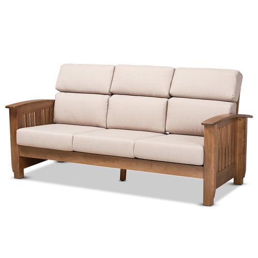 Charlotte 3-Seater Sofa Modern Classic Mission Style Taupe Fabric Upholstery Walnut Brown Finished Wood Frame