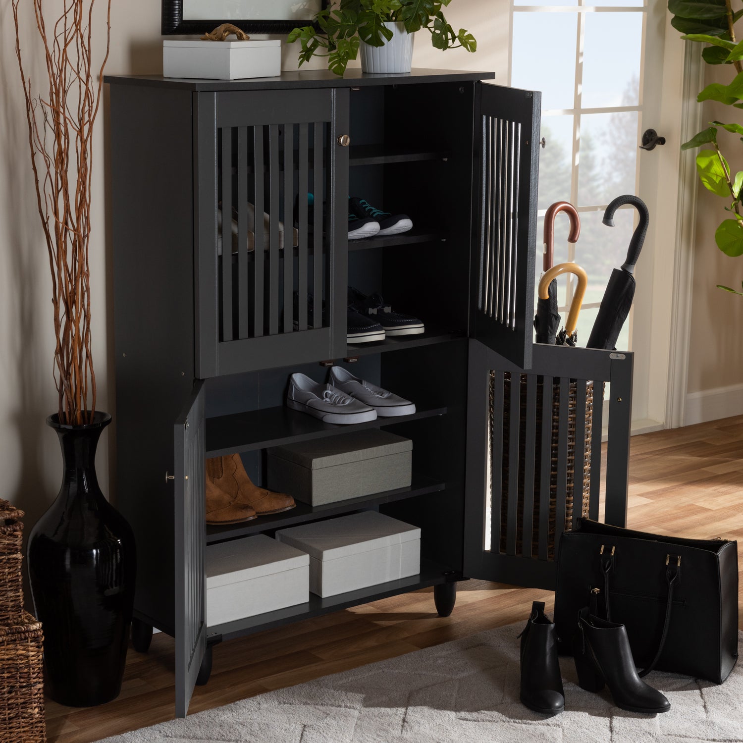 Fernanda Shoe Storage Cabinet Modern Dark Gray 4-Door Wooden Entryway Organizer for Shoes and Accessories