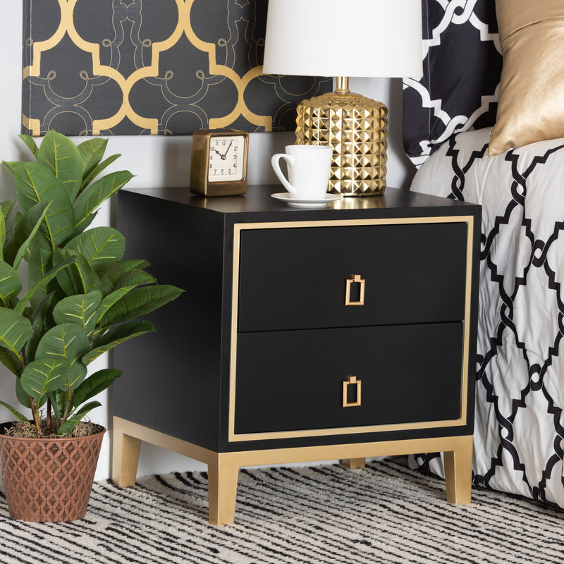 Donald End Table Modern Glam and Luxe White Finished Wood and Gold Metal 2-Drawer