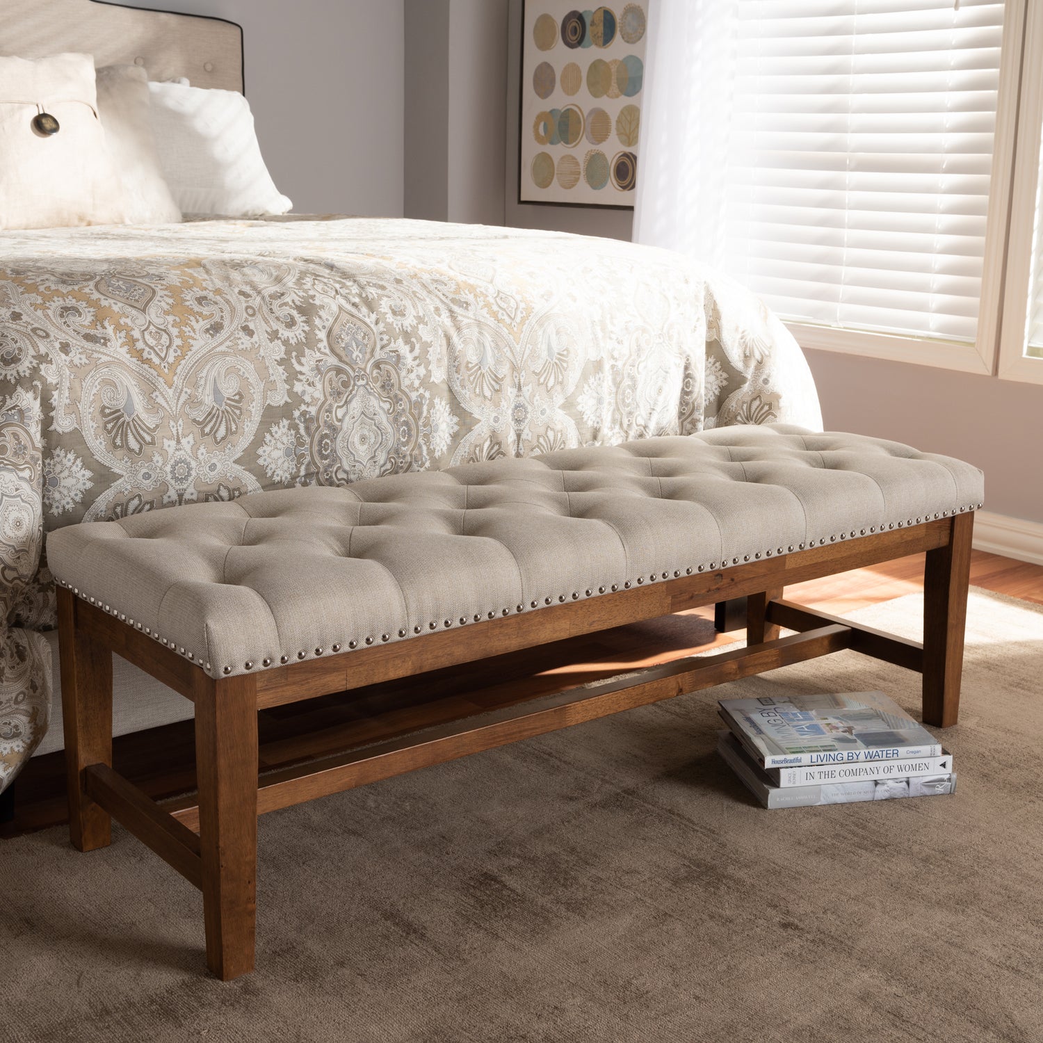 Ainsley Bench Modern and Contemporary Light Beige Fabric Upholstered Walnut Finished Solid Rubberwood