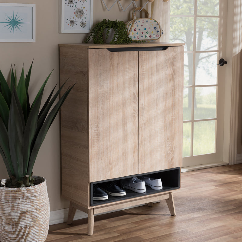 Fella Shoe Cabinet - Mid-Century Modern Two-Tone Oak and Grey Storage Solution for Entryway and Hallway Organization