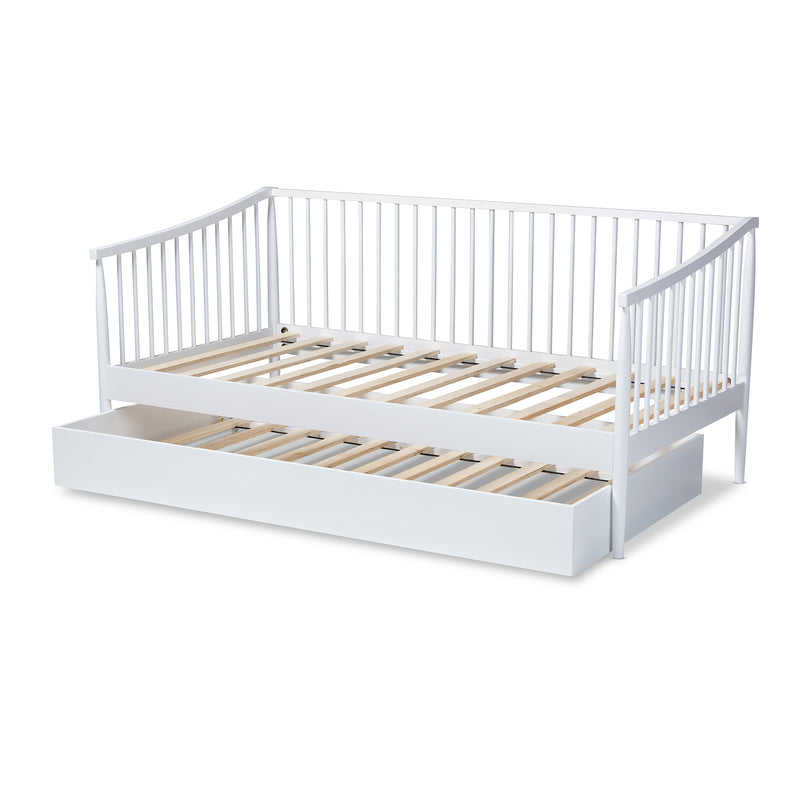 Renata Twin Size Spindle Daybed with Trundle Classic White Wood Design for Versatile Sleeping and Seating Solutions