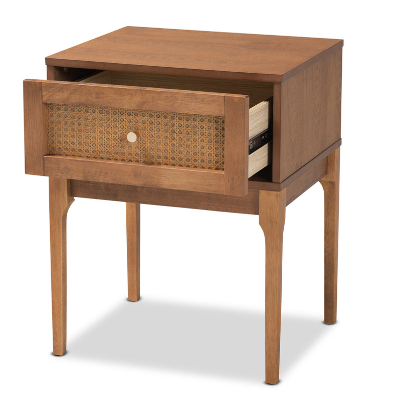 Ramiel Nightstand Mid-Century Modern Design Ash Walnut Finish Wood Rattan with 1 Drawer for Storage