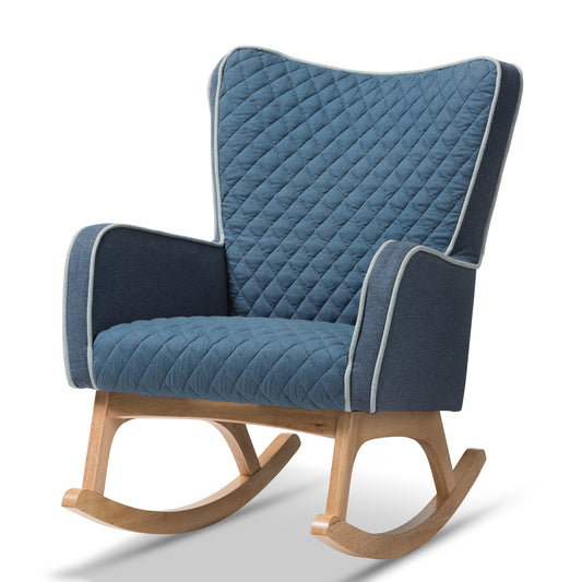 Zoelle Rocking Chair Mid-Century Modern Blue Fabric Upholstery with Natural Finish