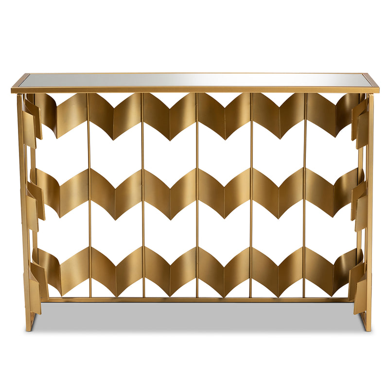 Vega Glam Geometric Console Table Luxe Gold Finished Metal and Mirrored Glass Design for Modern Decor