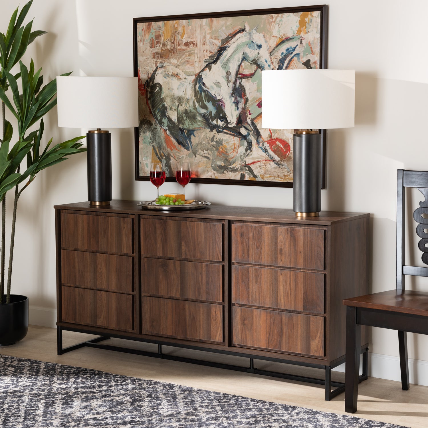 Neil Modern Contemporary Sideboard Buffet Walnut Brown Wood Black Metal 3-Door Dining Room Storage Cabinet