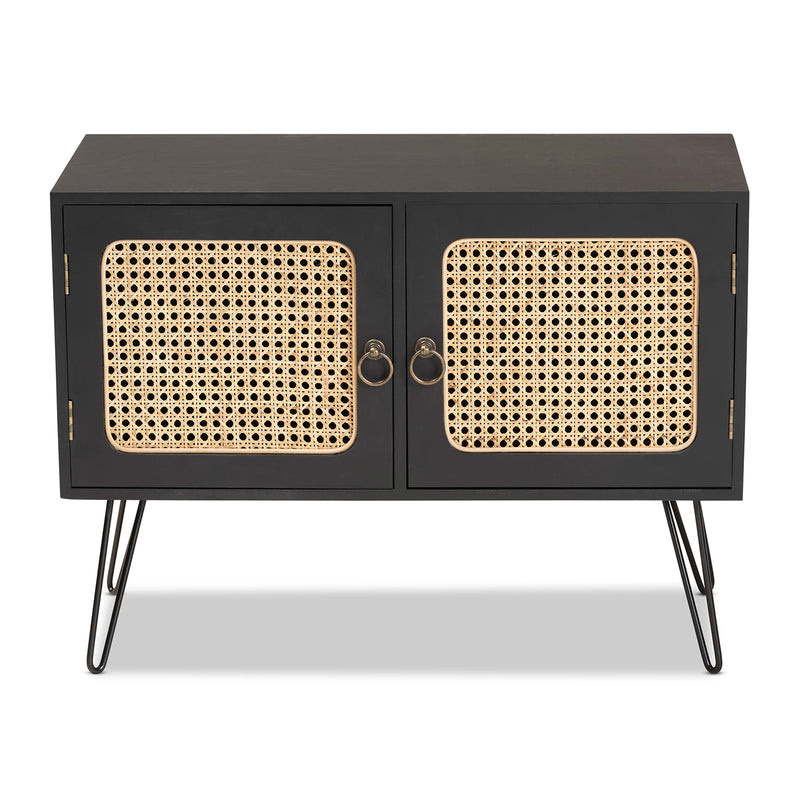 Davion Sideboard Mid-Century Modern Espresso Brown Wood and Black Metal 2-Door Buffet with Rattan Accents for Stylish Storage