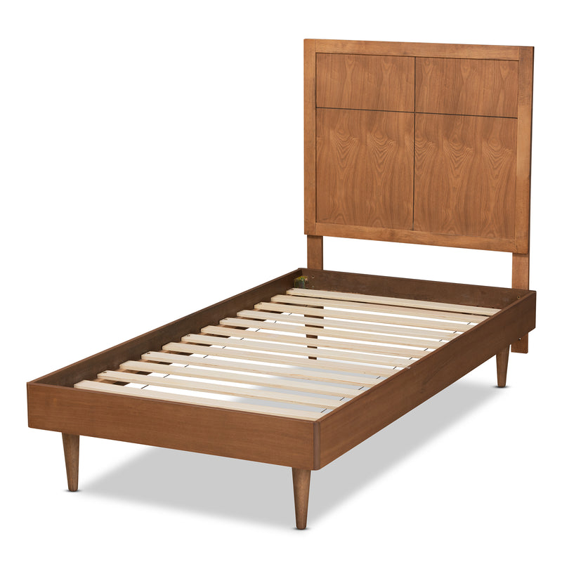 Rin Twin Size Platform Bed in Mid-Century Modern Walnut Brown Wood with Sleek Design and Sturdy Construction