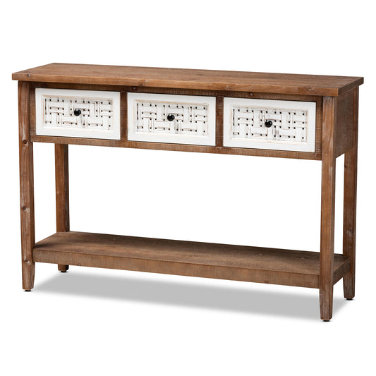 Bonilla Console Table - Rustic Two-Tone Design in White and Walnut Brown with 3 Drawers for Storage and Style