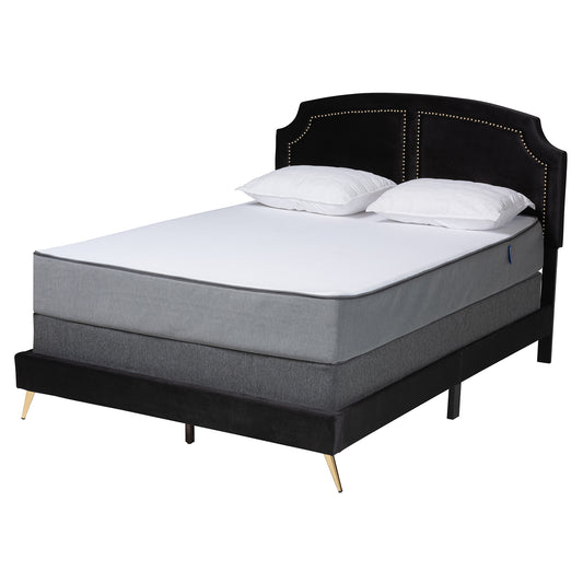 Oxley Queen Size Panel Bed in Glam Black Velvet with Gold Accents