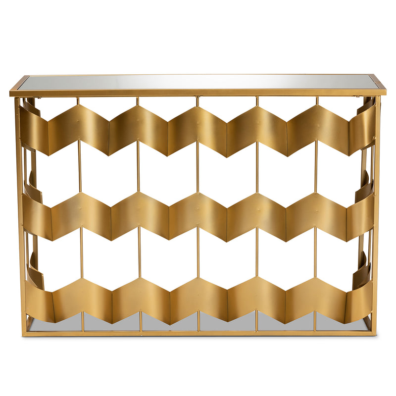 Vega Glam Geometric Console Table Luxe Gold Finished Metal and Mirrored Glass Design for Modern Decor