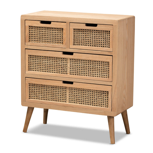 Alina Accent Storage Cabinet - Mid-Century Modern with Medium Oak Finish and Rattan, Featuring 4 Drawers for Stylish Organization