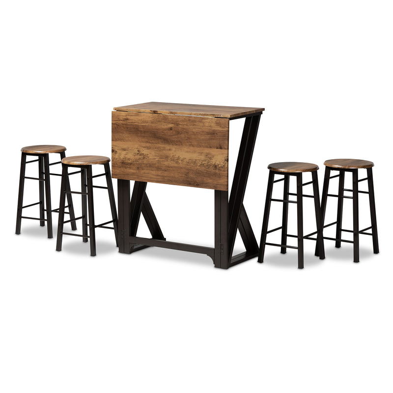 Richard Industrial Pub Set Rustic Walnut Finished Wood and Black Metal 5-Piece Dining Set with Extendable Tabletop for Modern Decor