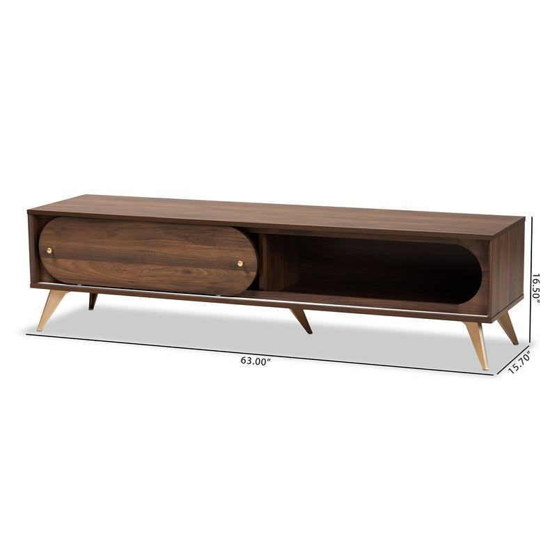 Dena TV Stand Mid-Century Modern Walnut Brown Wood with Gold Finish for Stylish Living Room Storage and Entertainment