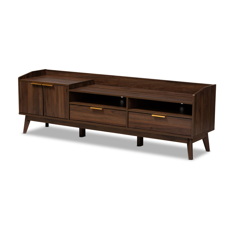 Lena Mid-Century Modern TV Stand Walnut Brown Finished 2-Drawer Wood Entertainment Center for Living Room