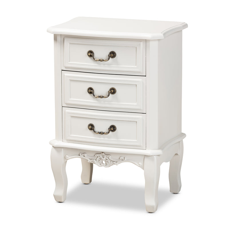 Gabrielle End Table Traditional French Country Design with White Finish and 3 Drawers