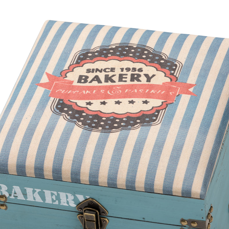 Caye Vintage Storage Trunk Ottoman Striped Fabric Upholstered with Light Blue Wood Finish