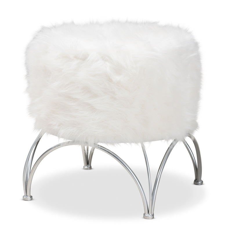 Celia Ottoman - Modern White Faux Fur Upholstered Accent with Silver Metal Base, Stylish Furniture for Living Room or Bedroom