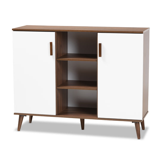 Quinn Mid-Century Modern Sideboard Two-Tone White and Walnut Finished 2-Door Wood Storage Cabinet for Dining Room