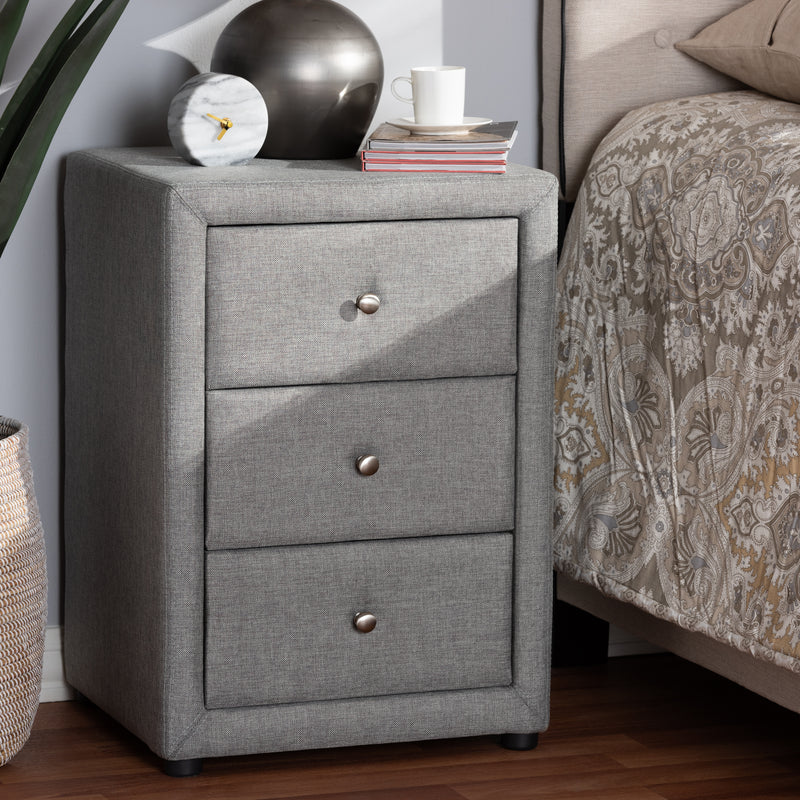 Tessa Nightstand - Modern and Contemporary Beige Fabric Upholstered 3-Drawer