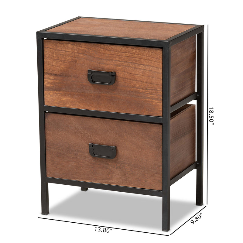 Hillard Modern Industrial End Table Walnut Brown Wood with Black Metal, 2-Drawer Design for Stylish Storage and Organization