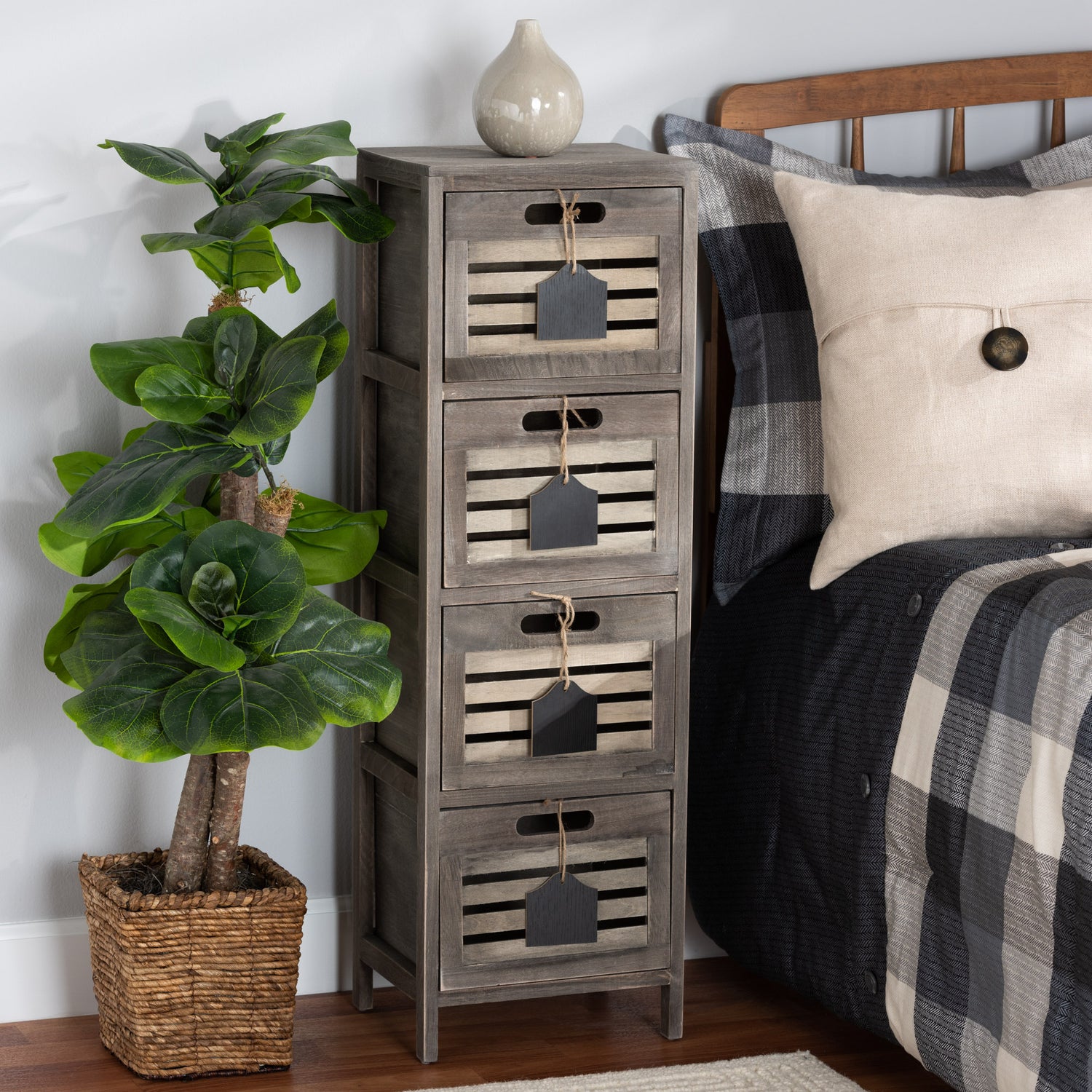 Valko Modern Grey Wood Storage Unit with Four Baskets for Stylish Organization and Home Décor