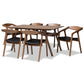 Harland Dining Set Mid-Century Modern Black Faux Leather Upholstered Walnut Brown Finished Wood 7-Piece