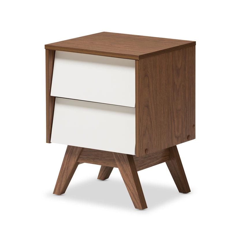 Hildon Mid-Century Modern Nightstand with 2 Drawers in White and Walnut for Stylish Bedroom Storage