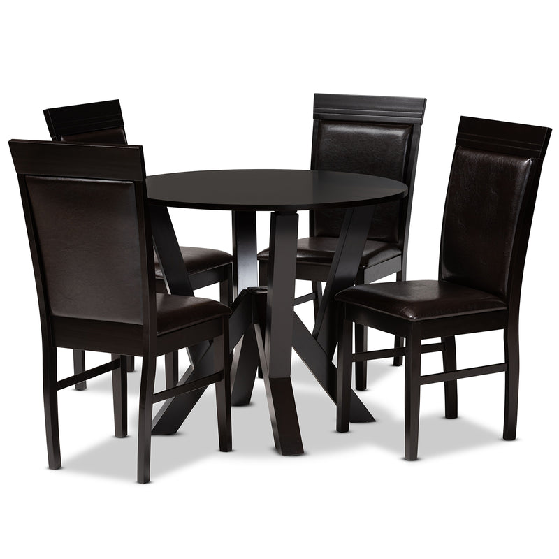 Nada Modern Dining Set 5-Piece Dark Brown Faux Leather Upholstered and Finished Wood Furniture for Stylish Dining Rooms