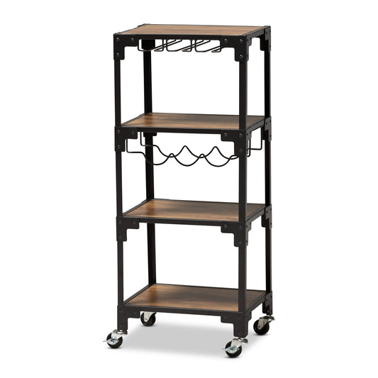 Victor Industrial 4-Tier Mobile Wine Cart - Rustic Walnut Wood and Black Metal Design for Stylish Storage and Display