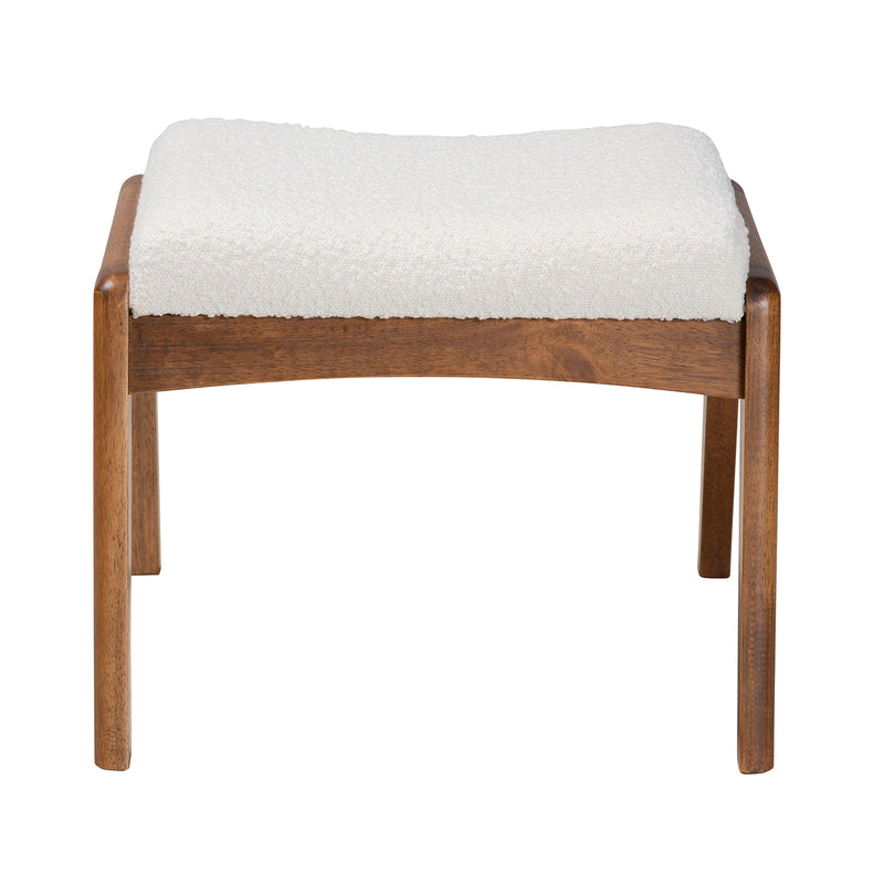 Roxy Ottoman Mid-Century Modern Off-White Boucle Upholstered Walnut Brown Finished Wood Footstool